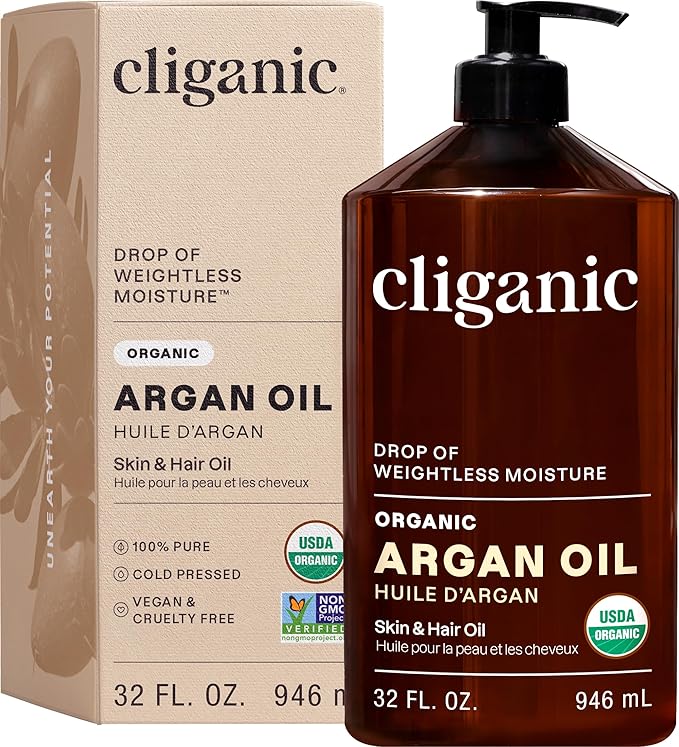 Cliganic Organic Argan Oil for Hair, Face & Skin (Bulk, 32oz with Pump) - 100% Pure, Cold Pressed