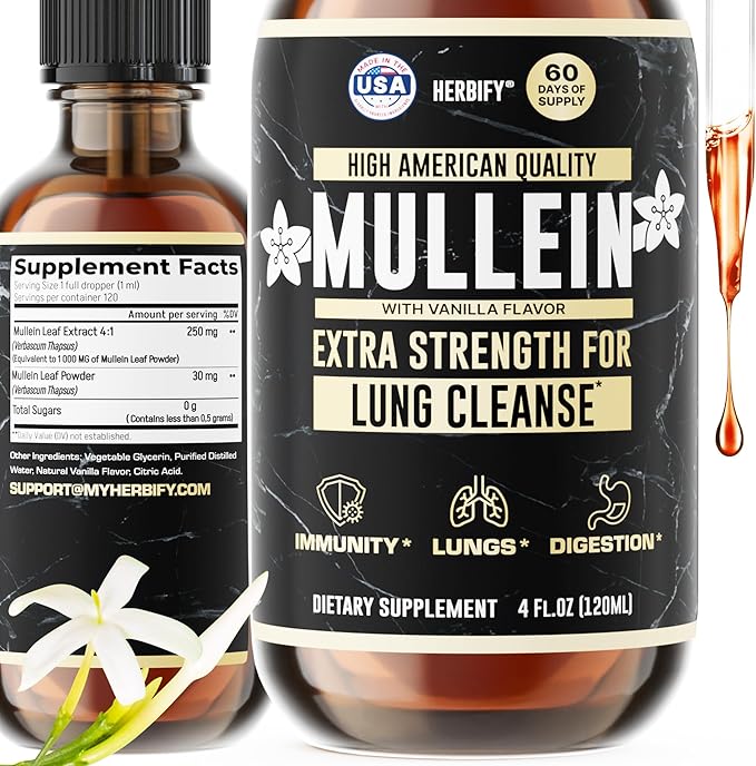 HERBIFY Mullein Drops - Lung Cleanse - Leaf Extract - Powerful Mullein for Immune Support, Detox & Respiratory Support - Made in USA - 4 Oz Vanilla Flavor