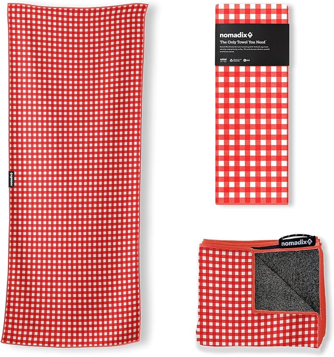Nomadix Original Towel - Perfect for Beach, Pool, Travel, Camping, Yoga - Made with Recycled Materials - Super Absorbent - Sand Resistant - Gingham Red - 72.5x30