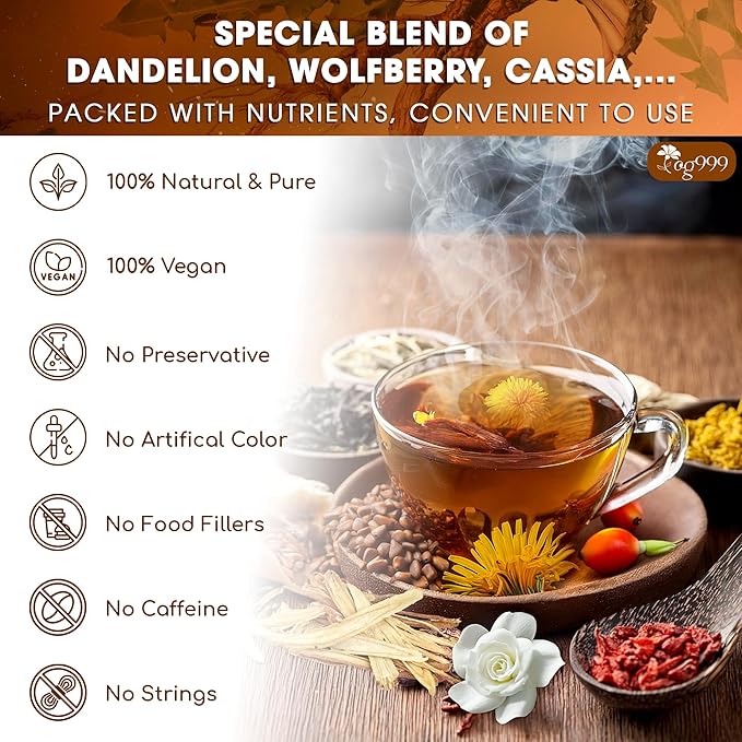 TOG999, Organic Dandelion Wolfberry Tea, 9 Herbal Ingredients, Traditional Recipe Tea for Kidney & Liver, Natural Dandelion, Wolfberry, Gardenia, Cassia Seed, Chrysanthemum, Licorice, Orange Peel (30 Bags)