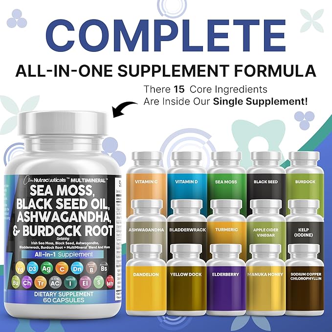 Clean Nutraceuticals Sea Moss Black Seed Oil Ashwagandha Turmeric Bladderwrack Burdock & Vitamin C Vitamin D3 with Elderberry Manuka Dandelion Yellow Dock Iodine Chlorophyll ACV