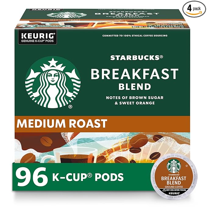 Starbucks K-Cup Coffee Pods, Medium Roast Hot or Iced Coffee, Breakfast Blend, 96 Keurig Pods