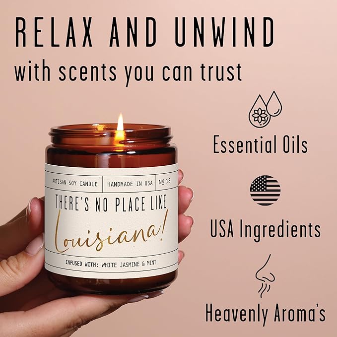 Louisiana Gifts, Louisiana Decor for Home - 'There's No Place Like Louisiana Candle, w/White Jasmine & Mint I Louisiana Souvenirs I Louisiana State Gifts I 9oz Jar, 50Hr Burn, USA Made