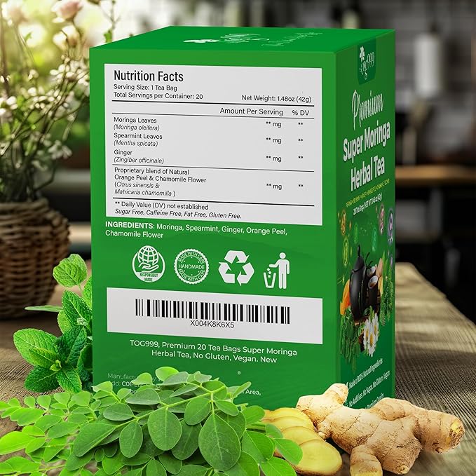 TOG999, Premium 20 Tea bags Super Moringa Herbal Tea, Special Blend of Moringa Leaves, Spearmint Leaves, Ginger, Lemon Peel and Chamomile. No Sugar, No Caffeine, No Gluten, Vegan.