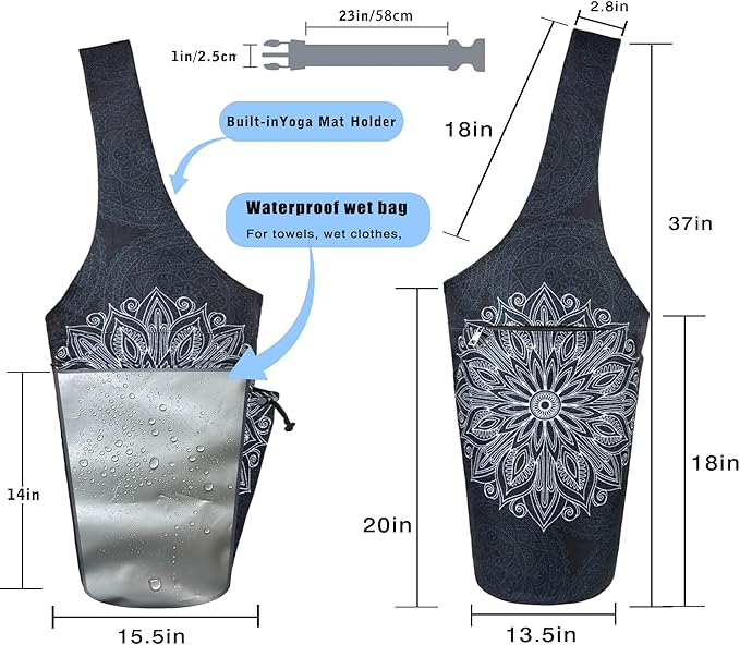 Yoga Mat Bag - Large Opening Long Tote Yoga Mat Carrier Holder Bag with Waterproof Wet Zipper Pocket and Drawstring Water Bottle Pocket - Yoga Bag Fit Most Size Mats