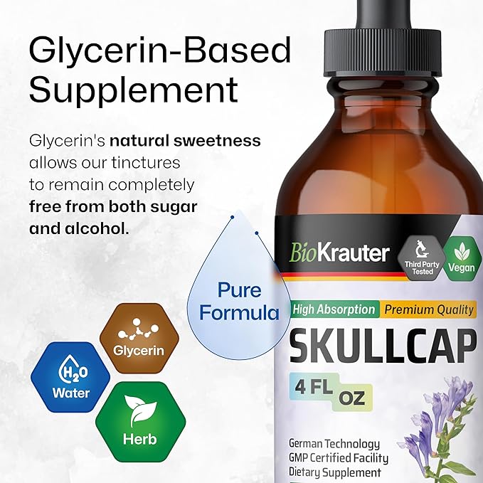 BIO KRAUTER Skullcap Herb Tincture - Scutellaria Lateriflora Liquid Extract - Alcohol and Sugar Free Skullcap Tincture - Vegan Drops 4 Fl.Oz.