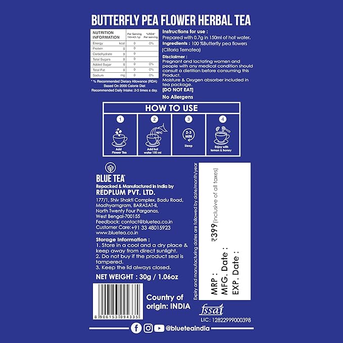 BLUE TEA - Butterfly Pea Flower Tea - 30 Count - Pyramid Plant Based Tea Bags | ANTIOXIDANT RICH | Herbal Tea - Flower Based - Caffeine Free - Detox Tea - Non Bitter | Zipper Pack