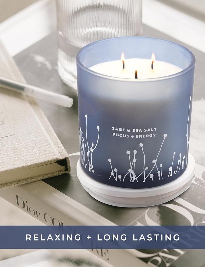White Sage Sea Salt 3 Wick Candle - Large Soy Scented Candle 14.5 oz - Sage Candle for Cleansing House - Aromatherapy Energy Cleansing Candle for Home, Stress Relief, Women & Men