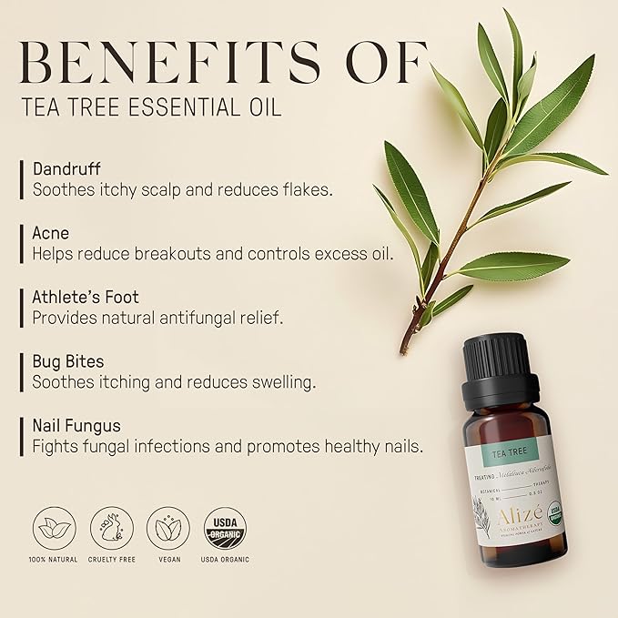 Organic Tea Tree Essential Oil, USDA Certified Organic 100% Natural & Pure Essential Oils for Diffusers for Home, Aromatherapy Oils, Diffuser Oils Scents, Cleansing, 10ml-0.33 fl oz