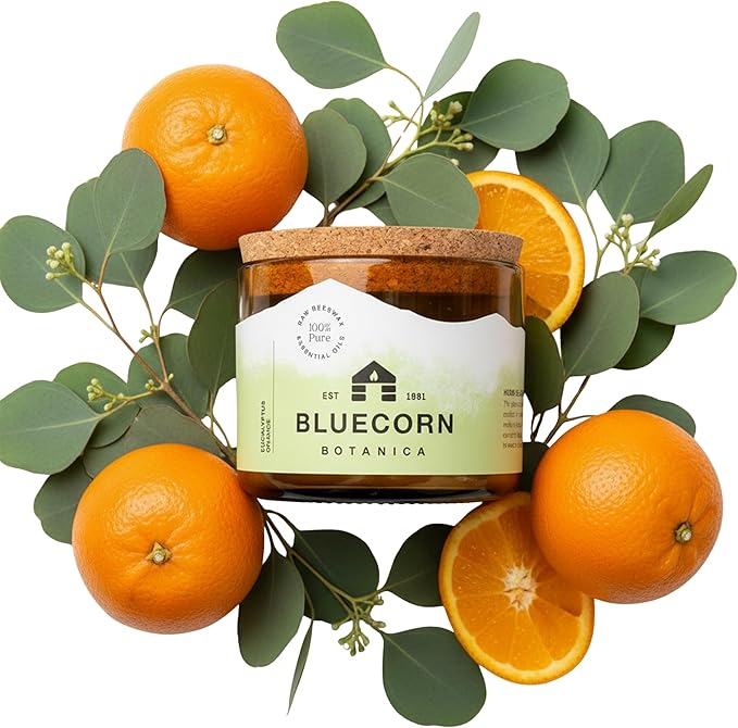 Bluecorn Beeswax Large 3-Wick Candle, 100% Pure Beeswax with Eucalyptus & Orange Essential Oils, Amber Glass, Soy Free, Clean Burning Candle Wax, Long Lasting, Home Decor, American Made, 22 Oz, 1 Ct