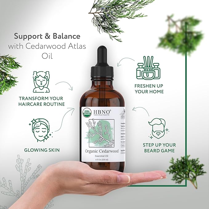 HBNO Organic Cedarwood Essential Oil - Huge 4 oz (120ml) Value Size - USDA Certified Organic Cedarwood Essential Oil for Aromatherapy, Soap Making, DIY, Fragrances, Diffuser.