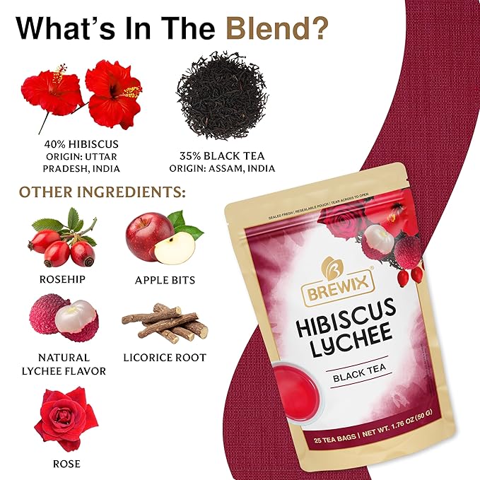 BREWIX, Hibiscus Lychee Tea Bags (25 Plant Based Tea Bags) Caffeine-Free, Made with Real - Hibiscus Flowers, Black Tea, Rosehip, Apple, Licorice, Rose | Contains Antioxidants & Support Overall Health