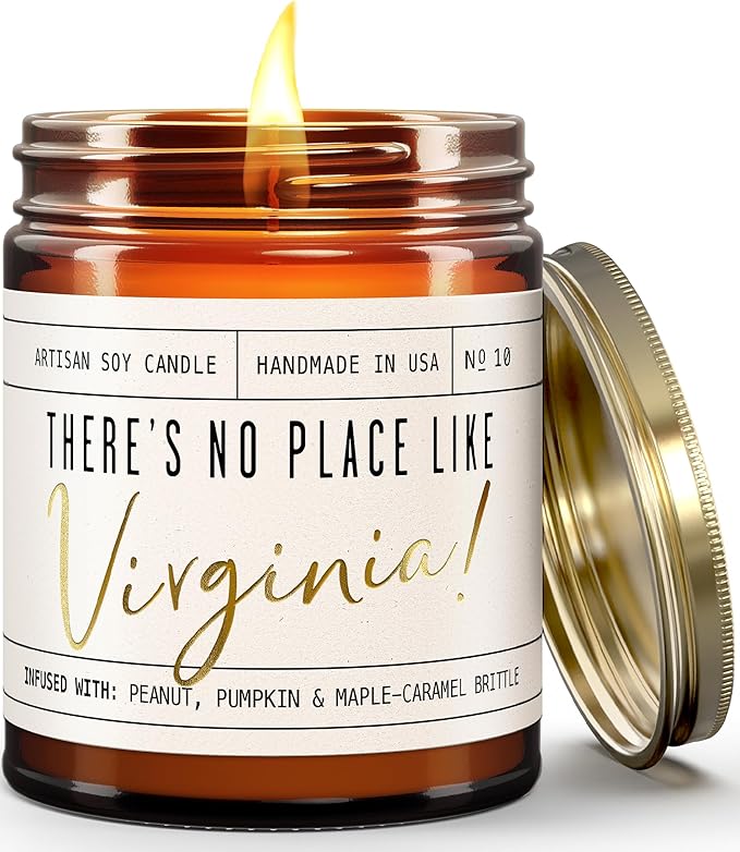 Virginia Gifts, Virginia Decor for Home - 'There's No Place Like Virginia Candle, w/Pumpkin, Peanut & Maple Brittle I Virginia Souvenirs I Virginia State Gifts I 9oz Jar, 50Hr Burn, USA Made