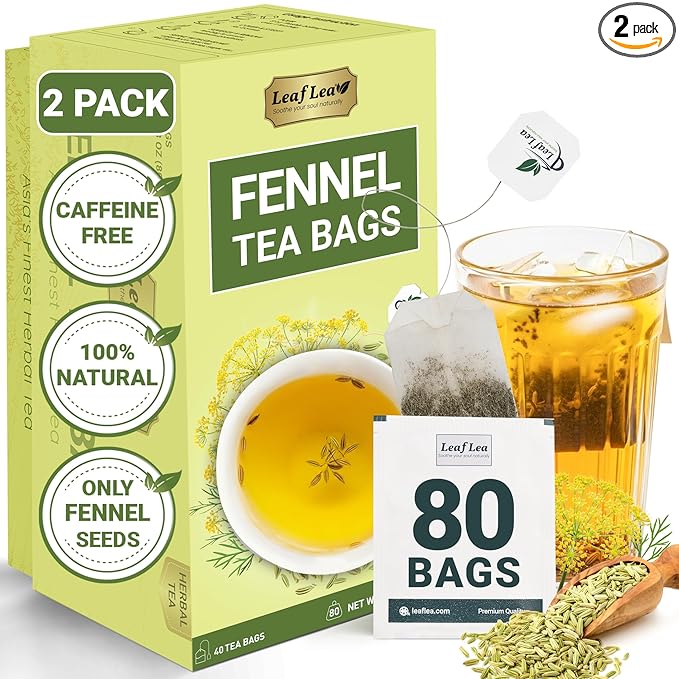 LeafLea 80 Premium Fennel Tea Bags, Pure Dried Fennel Seed Tea, Daily Ease & Balance, Naturally Sweet Taste, Caffeine-Free, Sugar-Free, Non-GMO, Vegan, Individually Wrapped