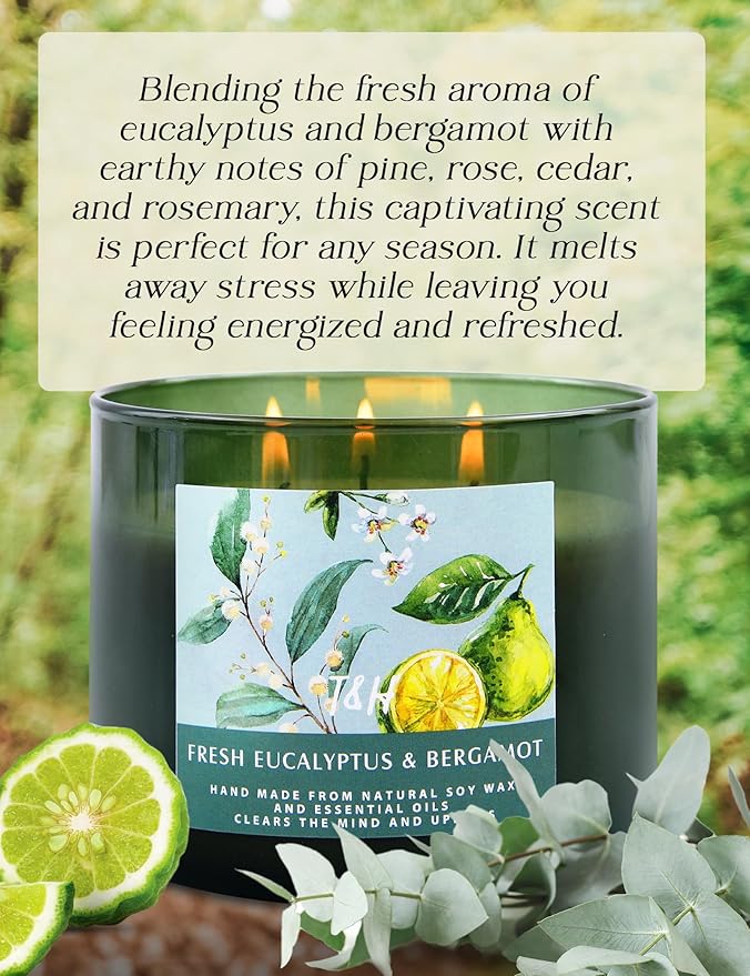 Eucalyptus & Bergamot 3-Wick Soy Scented Candle, 15.8 oz Large | Spa Fresh Scented Candle for Home | Aromatherapy Eucalyptus Candle | Housewarming Gift