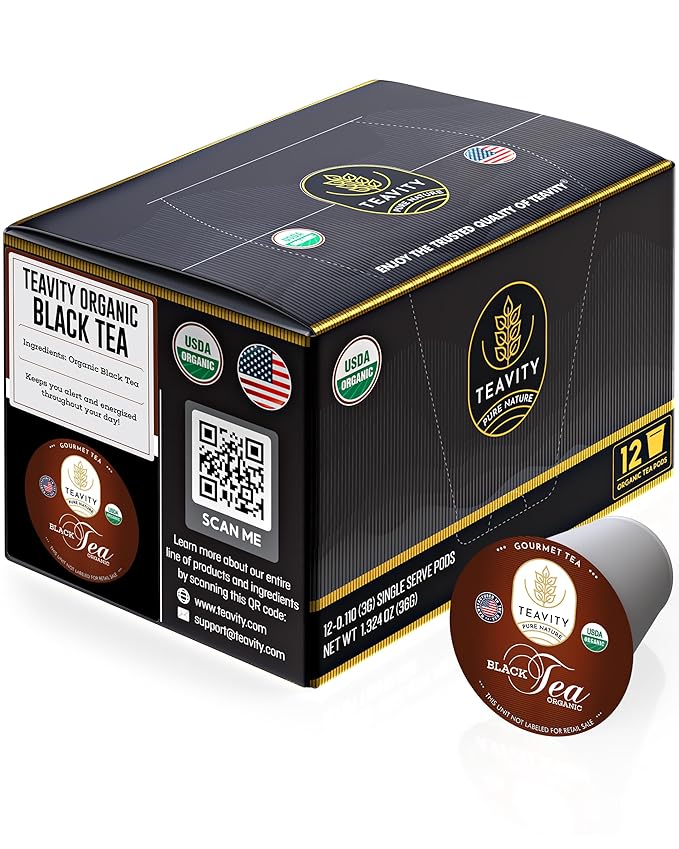 Teavity Organic Black Tea Pods - 12 Unsweetened Tea Pods for Keurig Kcup Brewers - Naturally Caffeinated, Hand-Picked from Sri Lanka, Sturdy Packaging, American Owned