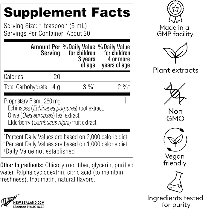 Children's Immune + Wellbeing Herbal Syrup, Daily Immunity with Elderberry, Echinacea & Olive Leaf, High Absorption, Elderberry Flavor, Plant-Based - 5.1 Fl oz (30 Servings)