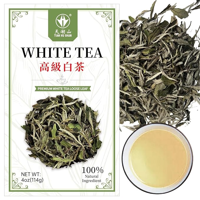TIAN HU SHAN Premium White Tea Loose Leaf, Original Bai Mu Dan with a Light & Fresh Delicate Flavor, Low Caffeine, Hot & Cold Brew 4 Ounce (Pack of 1)