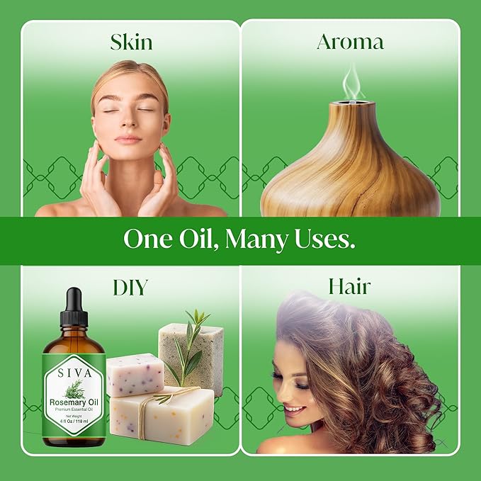 Siva Rosemary Essential Oil - 4 Fl Oz – 100% Natural Rosemary Oil - for Diffuser, Face, Skin Care, Aromatherapy, Hair Care, Scalp and Body Massage - with Dropper