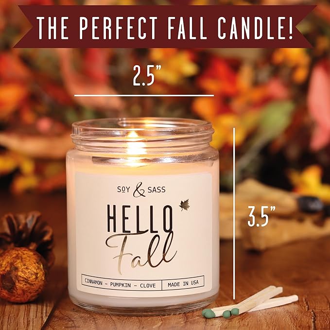 Fall Candles - 'Hello Fall Scented Candle' w/Cinnamon, Pumpkin & Fir I Infused with Essential Oils Autumn Scented Soy Candles for Home Décor, 9oz Reusable Jar, 50Hr Burn, Made in USA
