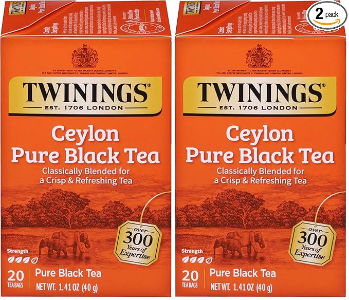 Twinings Ceylon Pure Black Tea Individually Wrapped Bags, 20 Count (Pack of 2), formerly Ceylon Orange Pekoe, Crisp, Refreshing, Caffeinated, Enjoy Hot or Iced, 20 Teabags