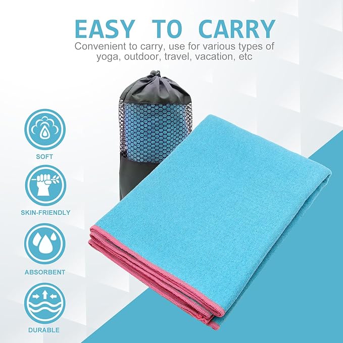 Eunzel Hot Yoga Towel - Microfiber Non Slip Yoga Mat Towel with Grip Dot Sweat Absorbent Towel for Hot Yoga, Pilates and Fitness 72" x 24", Sky Blue/Pink