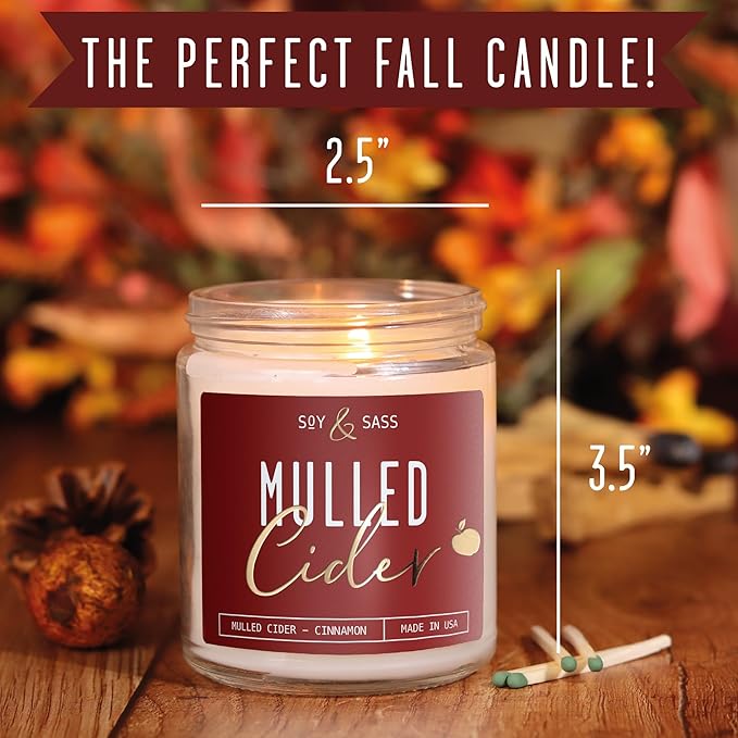 Mulled Cider Candle, Fall Candles I Apple Cider Candle w/Cinnamon & Nutmeg - Infused w/Essential Oils I Mulled Cider Fall Scented Candles (Soy) for Home I 9oz Reusable Jar I 50Hr Burn I Made in USA
