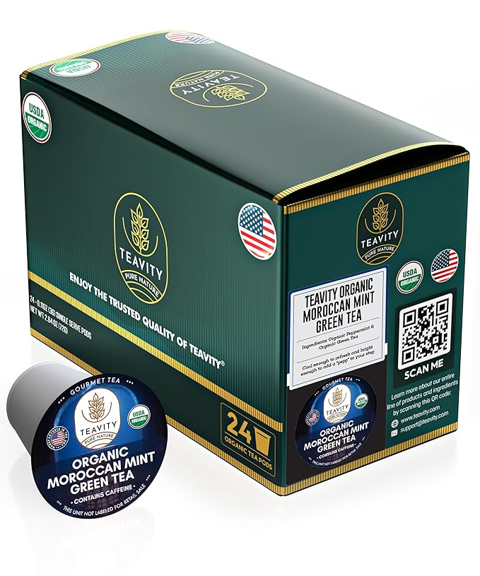 Organic Moroccan Mint Tea and Green Tea Pods for Keurig - Caffeinated Unsweet Tea for K Cup Brewing by Teavity (24 Tea Pods)