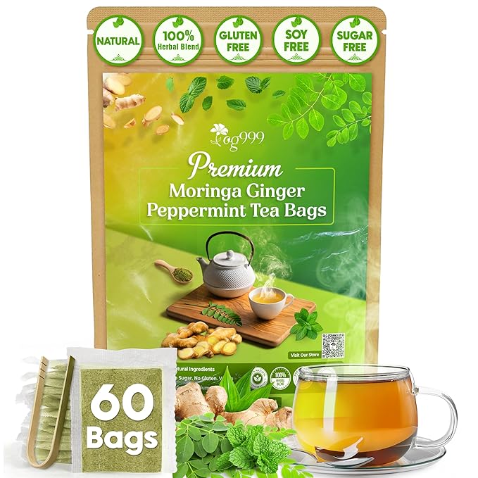 TOG999, Premium Moringa Ginger Peppermint Herbal Tea – 60 Tea Bags – Caffeine-Free, Plant-Based, Non-GMO, Naturally Refreshing Flavor, No Artificial Additives, No Sugar, No Gluten. Vegan