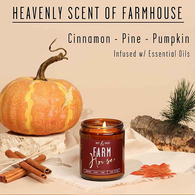 Fall Candles - 'Farmhouse' Autumn Scented Soy Candles for Home, w/Cinnamon, Clove & Pine I Infused with Essential Oils I Farmhouse Décor, 9oz Reusable Jar, 50Hr Burn, Made in USA