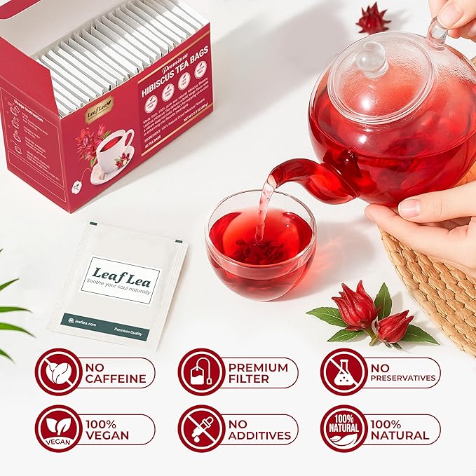 LeafLea 40 Premium Natural Hibiscus Tea Bags, 100% Pure from Hibiscus Flowers, Caffeine-Free Herbal Tea, Hibiscus Flower Tea Rich in Natural Goodness and Flavor, No Sugar, Gluten-Free, Vegan