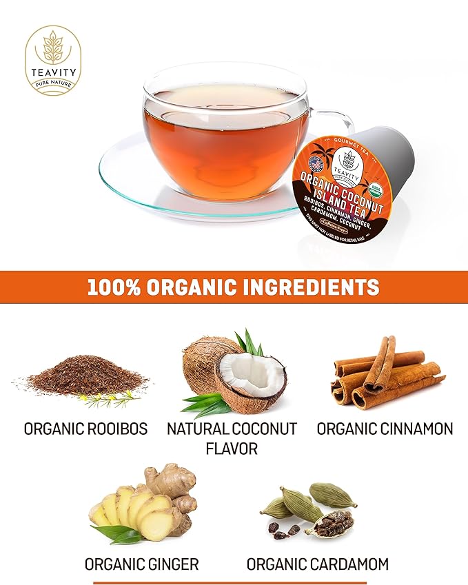Coconut Island Teavity Organic Ginger Cinnamon Cardamom Rooibos Tea Pods for Keurig (12 Pods)