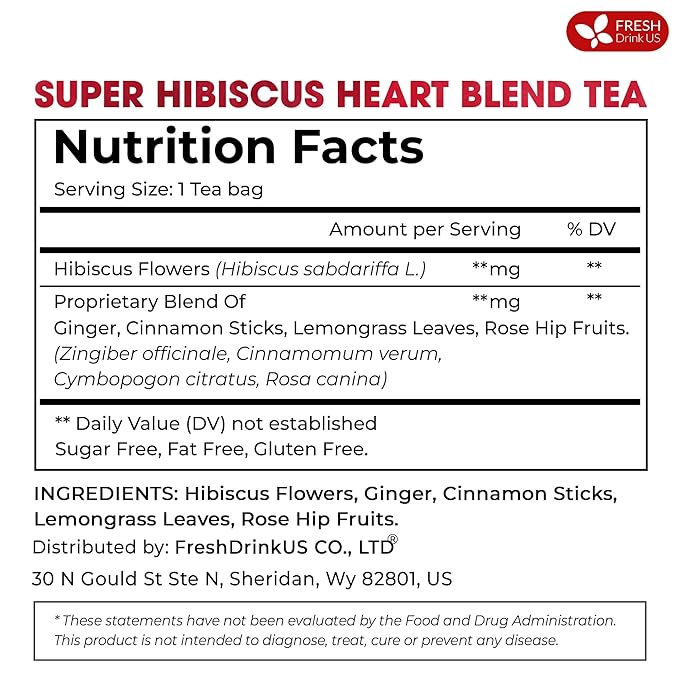 FreshDrinkUS, 60 Tea Bags Super Hibiscus Heart Blend– Herbal Tea with Hibiscus Flower, Ginger, Cinnamon Stick, Lemongrass & Rose Hip – Naturally Caffeine-Free, Sugar-Free, Vegan