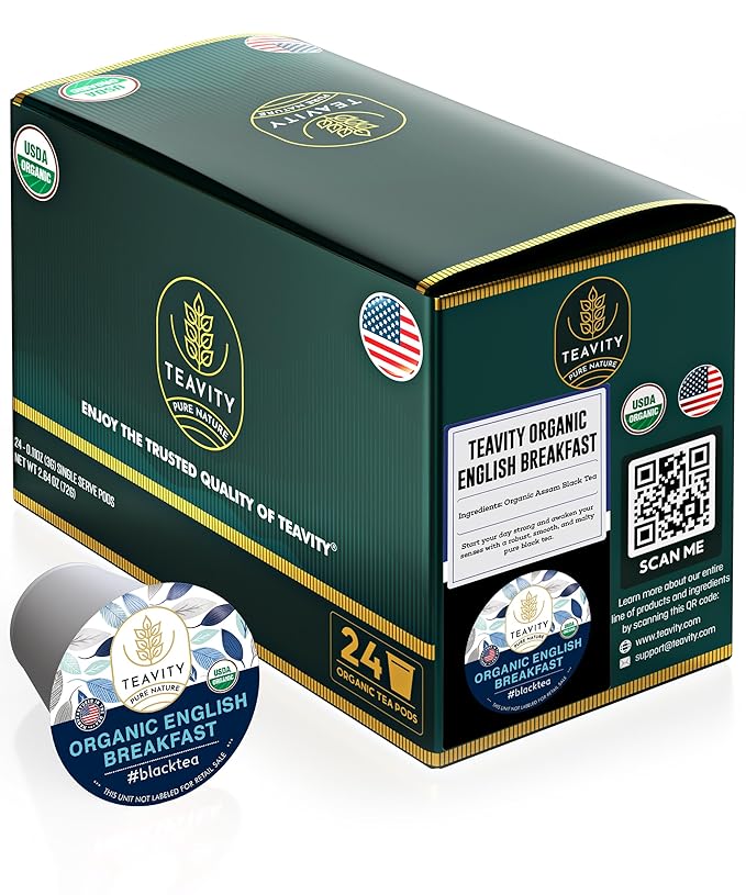 Organic English Breakfast Tea Pods for Keurig - Naturally Caffeinated Unsweetened Black Tea Pods by Teavity (24 Tea Pods)