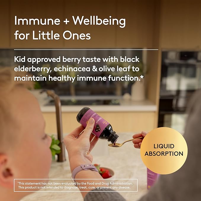 Children's Immune + Wellbeing Herbal Syrup, Daily Immunity with Elderberry, Echinacea & Olive Leaf, High Absorption, Elderberry Flavor, Plant-Based - 5.1 Fl oz (30 Servings)