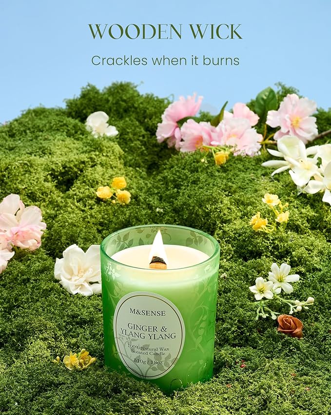 M&SENSE Ginger Ylang Ylang Scented Candle, Cracking Wooden Wick Soy Wax, 18oz 100 Hours Long Lasting Clean Burn, Large Jar Candles for Home Decor, Non-Toxic Relaxing Aromatherapy Gifts for Women