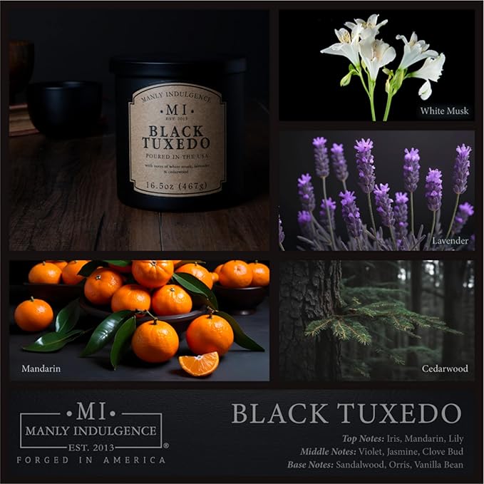 Manly Indulgence Black Tuxedo Jar Candle 16.5 oz - White Musk, Lavender, Cedarwood, Jasmine & Earthy Orris - Up to 60 Hour Burn - Soy Blend Wax, USA Poured