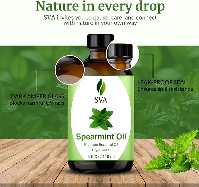 SVA Spearmint Essential Oil – 4 Fl Oz – 100% Natural Spearmint Oil - for Diffuser, Hair Care, Face, Skin Care, Aromatherapy, Scalp and Body Massage, Soap and Candle Making – with Dropper