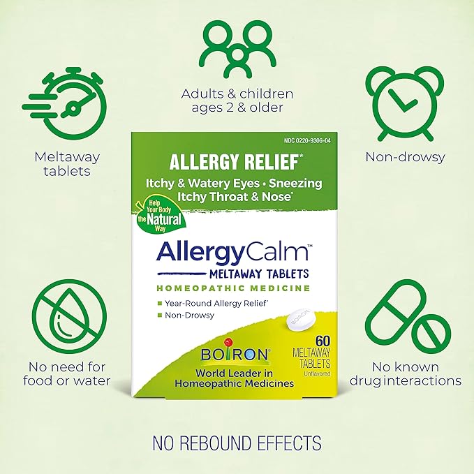 Boiron AllergyCalm Tablets 240 Count, Relief from Allergies and Hay Fever Symptoms of Sneezing, Runny Nose, Itchy Eyes, Throat, Allergy Calm Tabs (Formerly RhinAllergy) (Pack of 4 60ct Boxes)