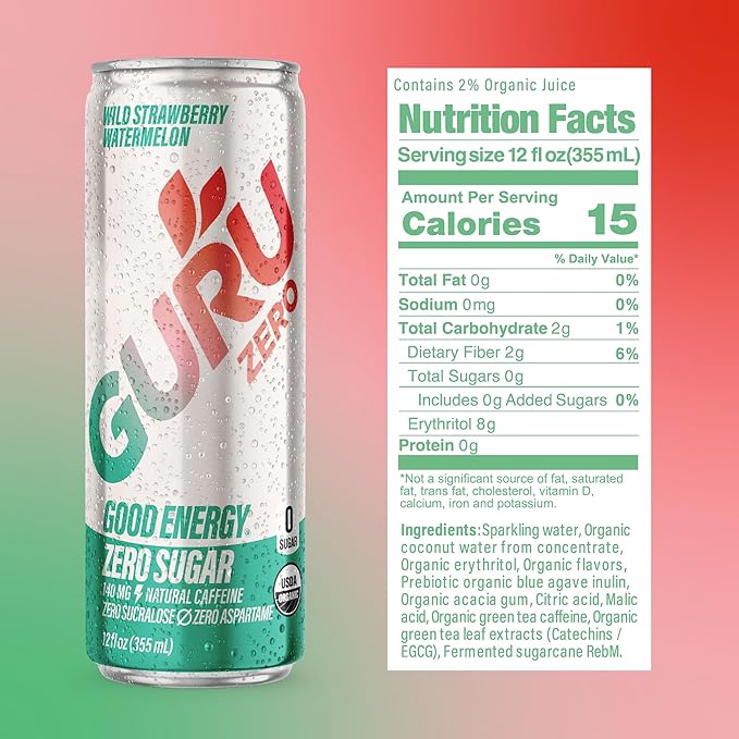 GURU ZERO SUGAR Wild Strawberry Watermelon Organic Energy Drinks, Clean Energy Drink with Plant Based Natural Caffeine from Green Tea, Coconut Water, Prebiotic, Zero Added sugars, Gluten Free and Vegan, Pre Workout, Healthy Drinks, 12oz (Pack of 24)