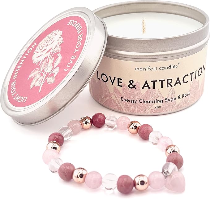 Love Candle to Attract Love, 45 Hour Burn, Sage & Rose Candle, Romantic Candles, Spiritual Meditation Candles with Manifestation Crystals Bracelets for Women