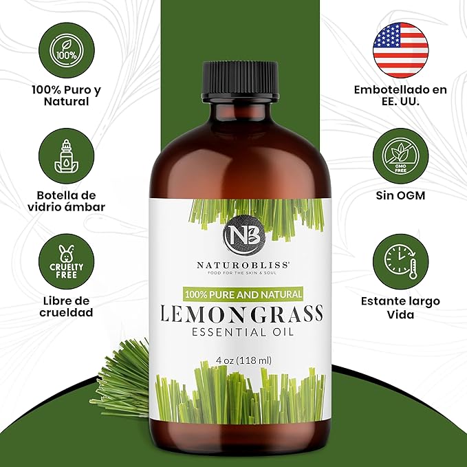 NaturoBliss 100% Pure Lemongrass Essential Oil Therapeutic Grade Premium Quality (4 fl. oz) with Glass Dropper, Perfect for Aromatherapy