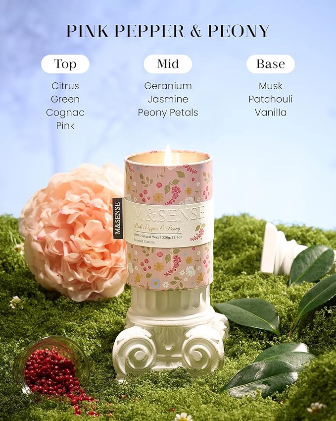 M&SENSE Pink Pepper Peony Scented Candle, Medium Jar Candle 11.3oz Natural Soy Wax for Home Scented, Floral Candles Gift for Spring Holiday, Up to 70 Hours Burning Long-Lasting Fragrance