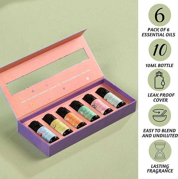 Folkulture Self Love Club Essential Oils Set | 6 Relaxing Fragrance Oils for Diffusers | Green Tea, Cashmere, Ocean Salt and More| Valentine’s Day Aromatherapy Gift for Her | Self-Care Lovers