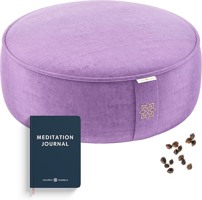 Mindful Modern Velvet Meditation Cushion | Luxe Zafu Yoga Floor Pillow Seat | Posture Support | Buckwheat Hull Filled | Large Round Cushion with Removable Washable Cover + Carry Handle