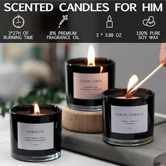Scented Candles for Men – Masculine Candle Gift Set of 3 with Tobacco, Cedar Vanilla & Clean Linen – Luxury Black Candles Gift Box, Birthday Gifts for Men, Candles for Boyfriend, Christmas Gifts