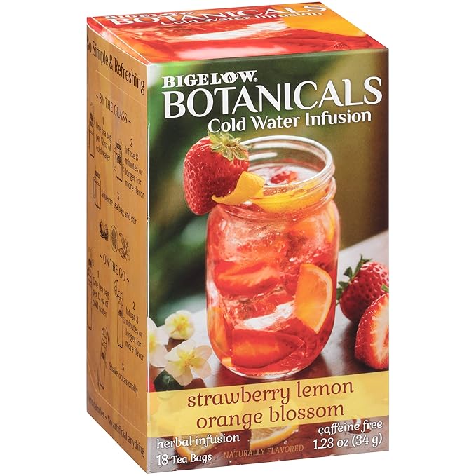 Bigelow Botanicals Cold Water Infusion Strawberry Lemon Orange Blossom Herbal Tea, Caffeine Free Tea with Strawberry, Lemon and Orange Flavor, 18 Count Box (Pack of 6), 108 Total Tea Bags