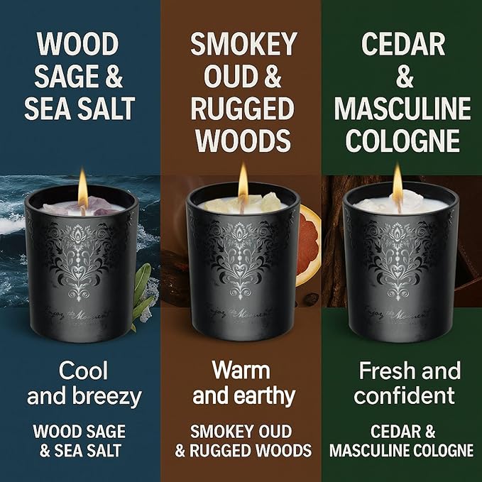 Luxury Black Scented Candles Gift Set for Men – 3×7oz Soy & Beeswax Crystal Candles with Wick Trimmer & Snuffer, Masculine Woodsy Aromatherapy Candles for Home, Birthday & Holiday Gifts for Him