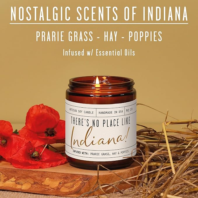 Indiana Gifts, Indiana Decor for Home - 'There's No Place Like Indiana Candle, w/Prarie Grass, Eucalyptus, Hay & Poppies I Indiana Souvenirs I Indiana State Gifts I 9oz Jar, 50Hr Burn, USA Made