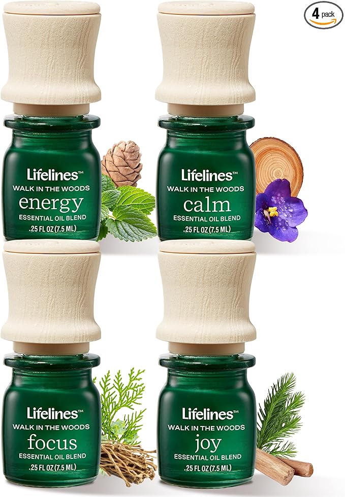 Lifelines Essential Oil Blends, 4-Pack - Blended Essential Oils with Precision Pump for Aromatherapy Diffusers - Long-Lasting Scented Fragrance - Walk in The Woods (Joy, Calm, Focus & Energy)
